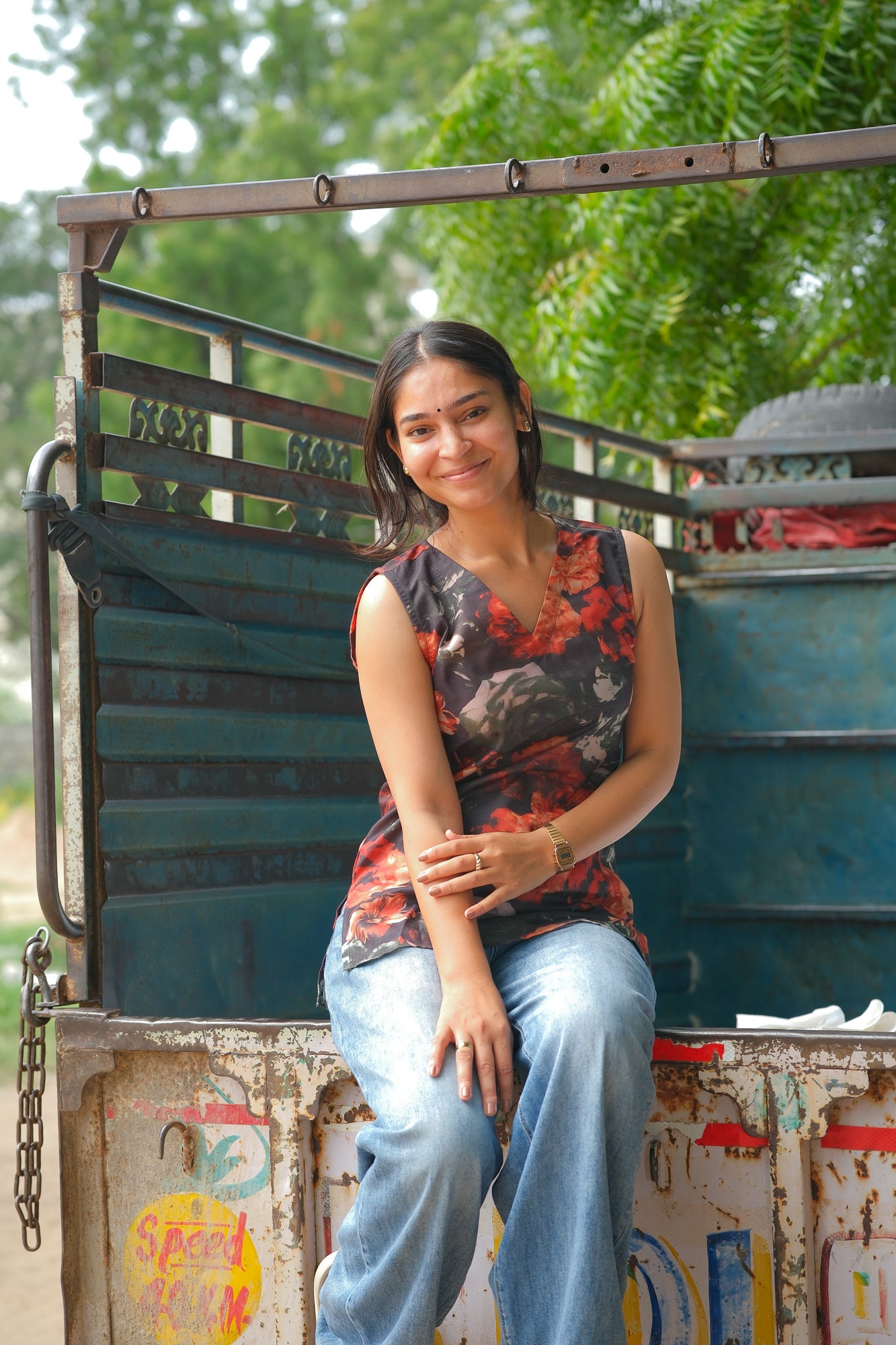 Floral Printed Cotton Sleeveless Top (Charcoal Grey)