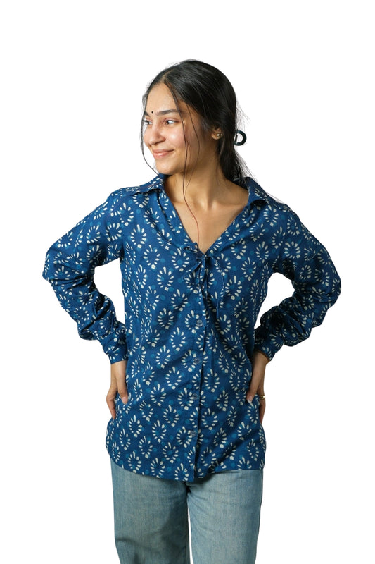 Kiko – Tie-Up Neck Cotton Shirt (Blue)