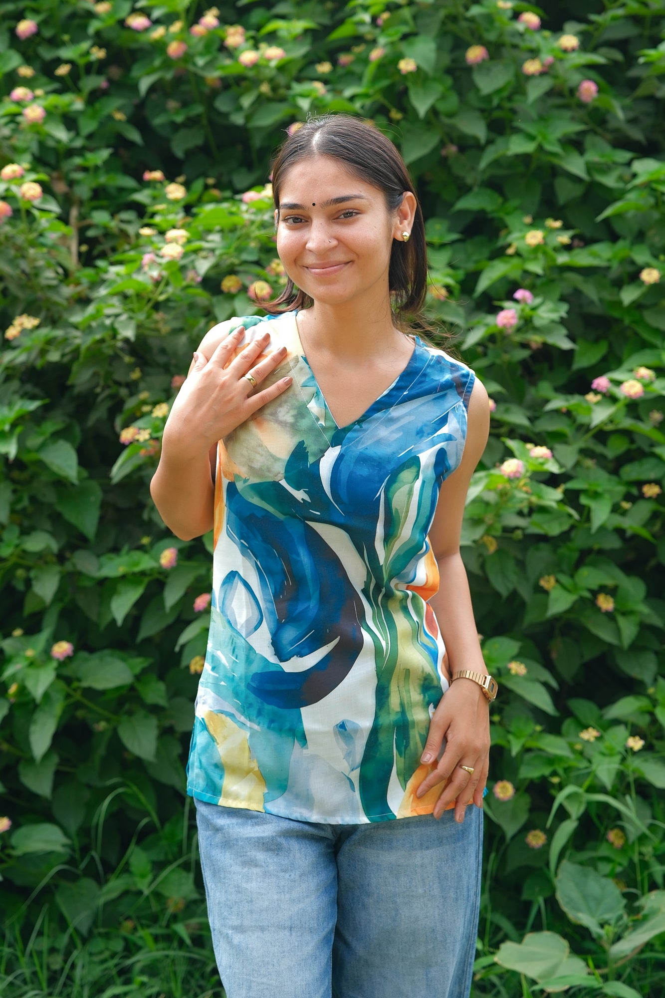 Abstract Printed Cotton Sleeveless Top (Blue & Green)