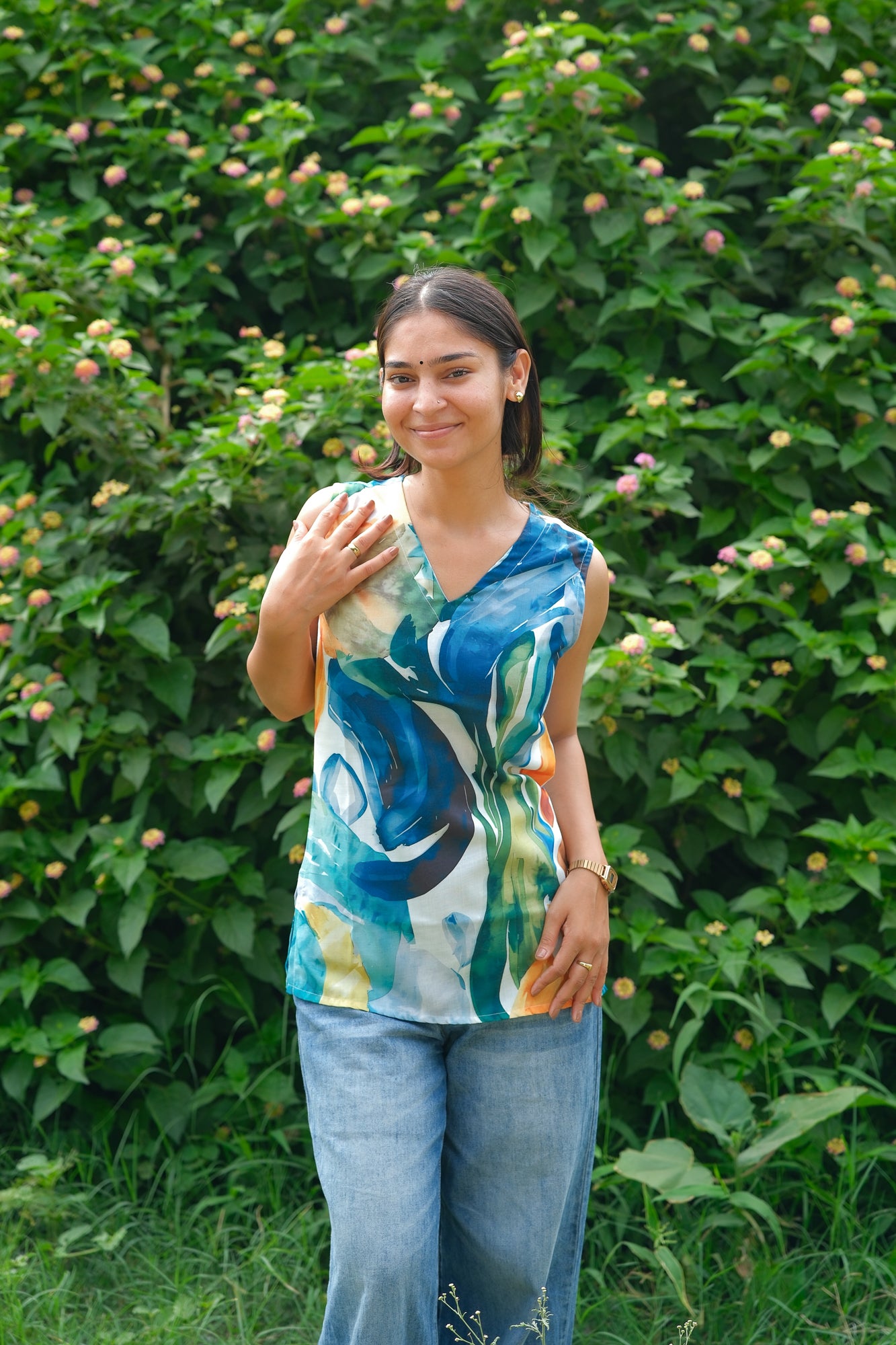 Abstract Printed Cotton Sleeveless Top (Blue & Green)