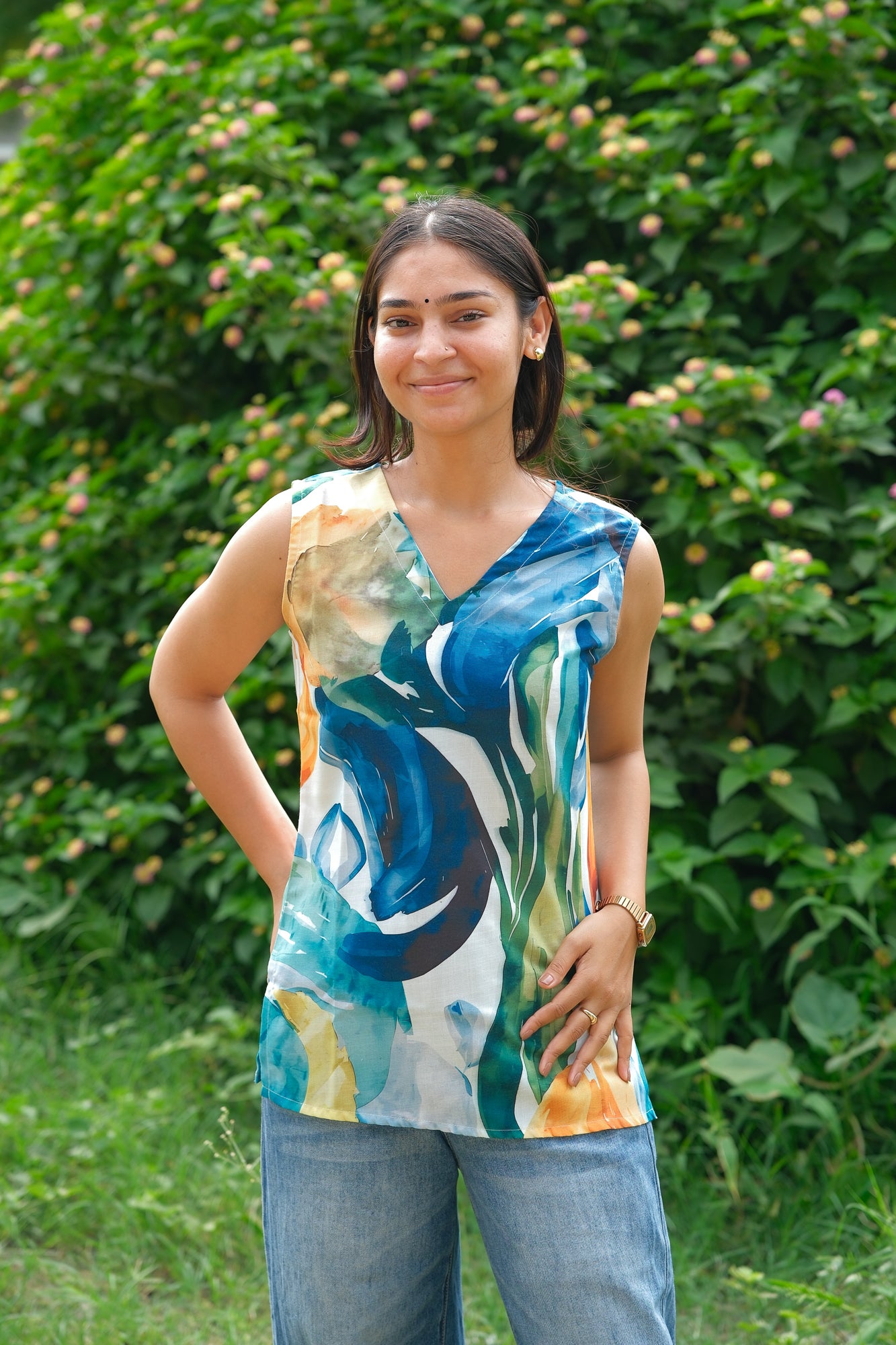 Abstract Printed Cotton Sleeveless Top (Blue & Green)
