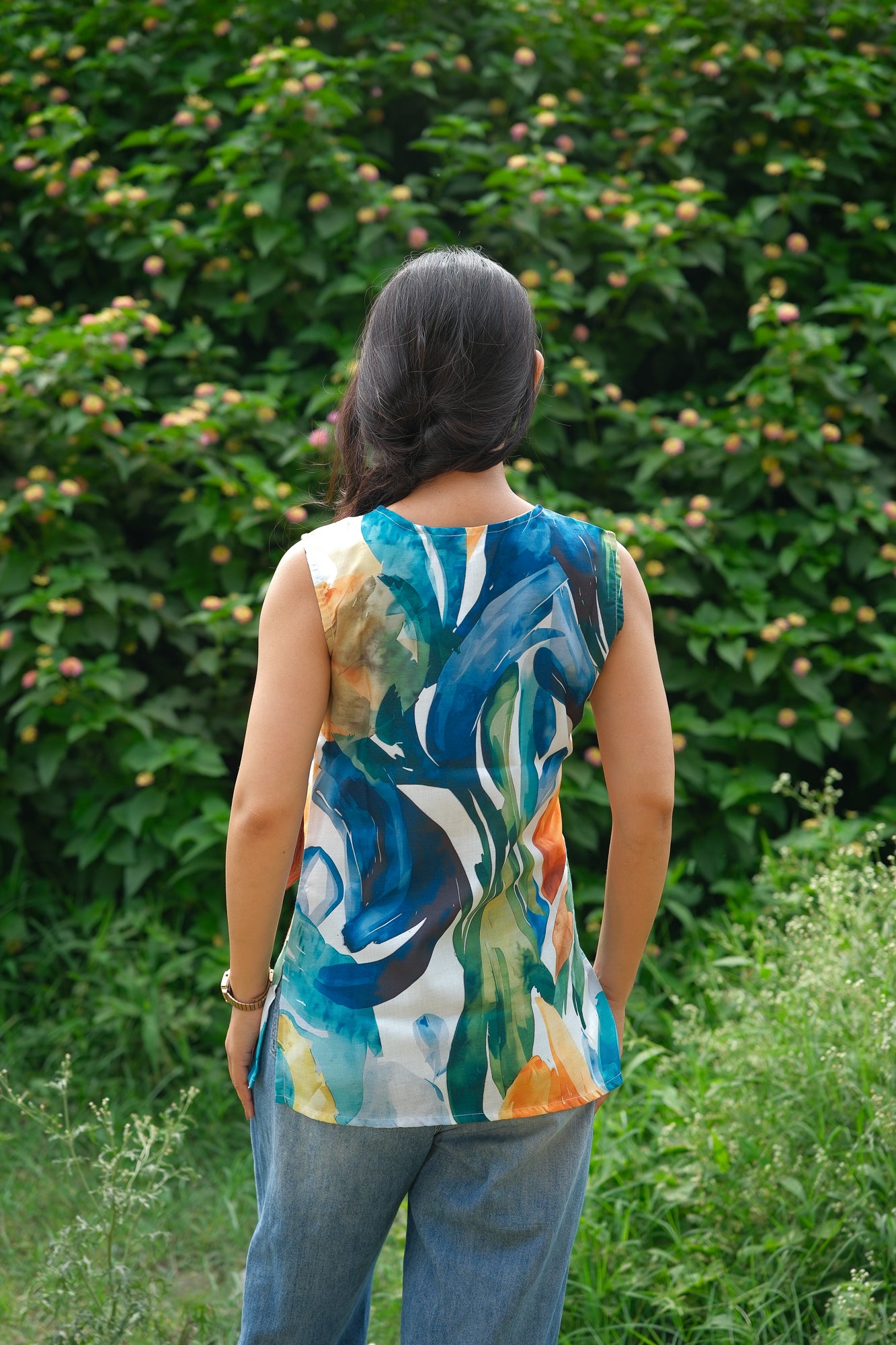 Abstract Printed Cotton Sleeveless Top (Blue & Green)