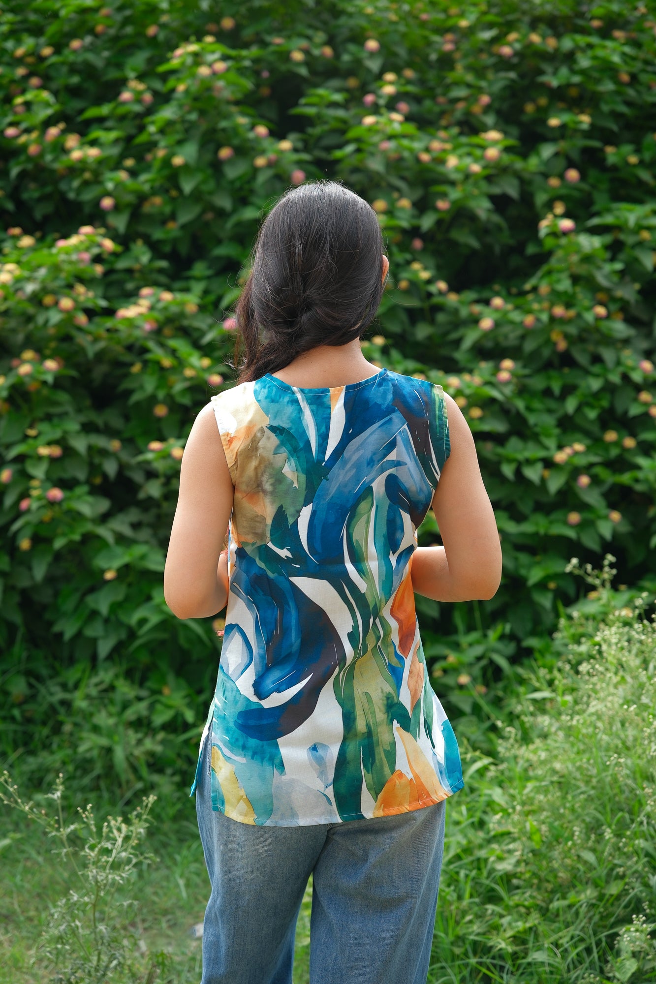 Abstract Printed Cotton Sleeveless Top (Blue & Green)