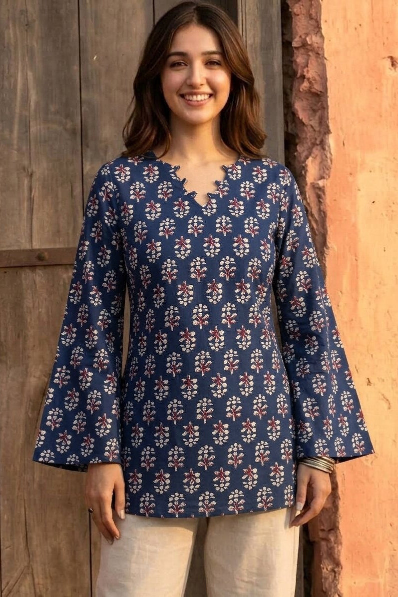 Floral Printed Corset Back Cotton Kurti (Blue)