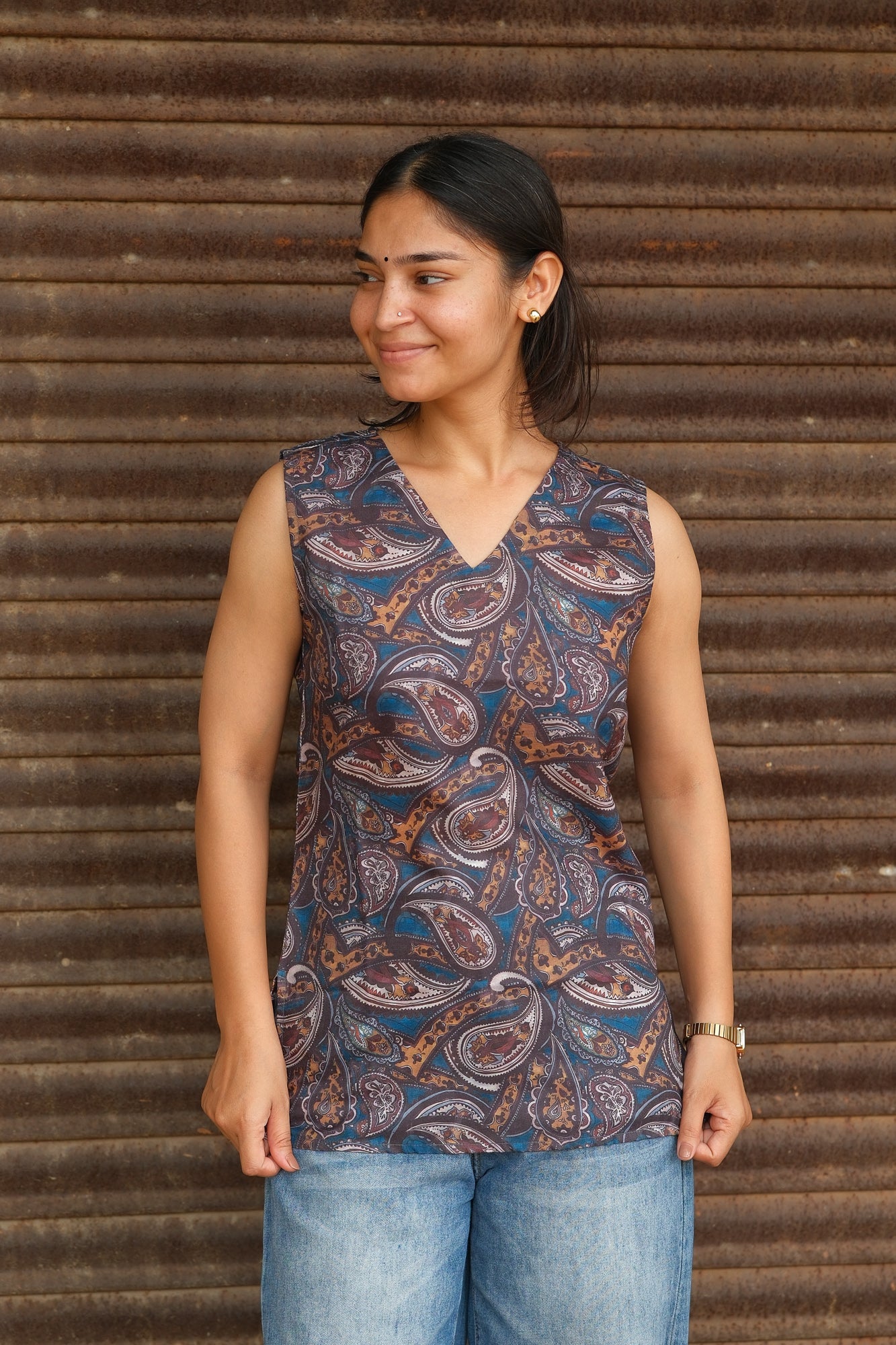 Digital Paisley Printed Cotton Sleeveless Top (Brown)