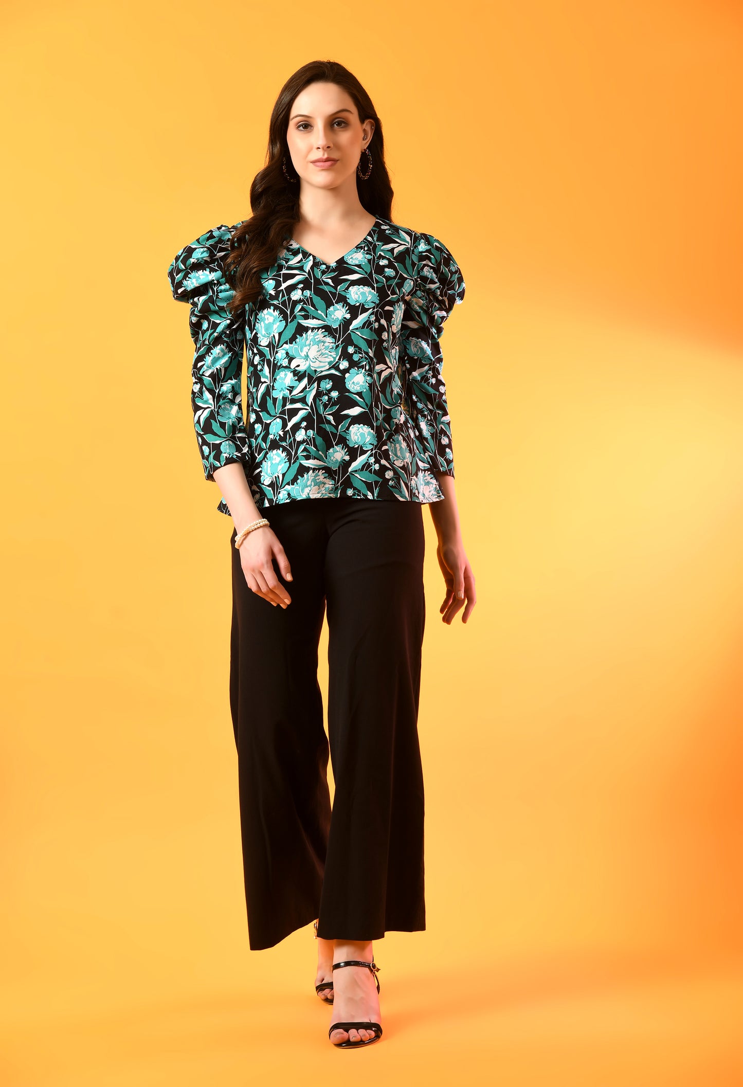 Midnight Forest Puff Sleeve Black Top
