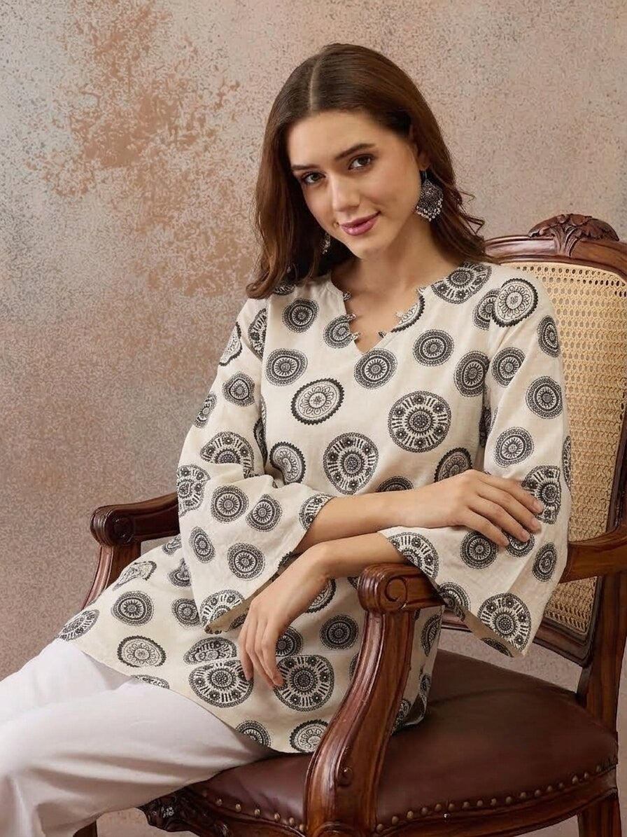 Motif Printed Corset Back Cotton Kurti (White)
