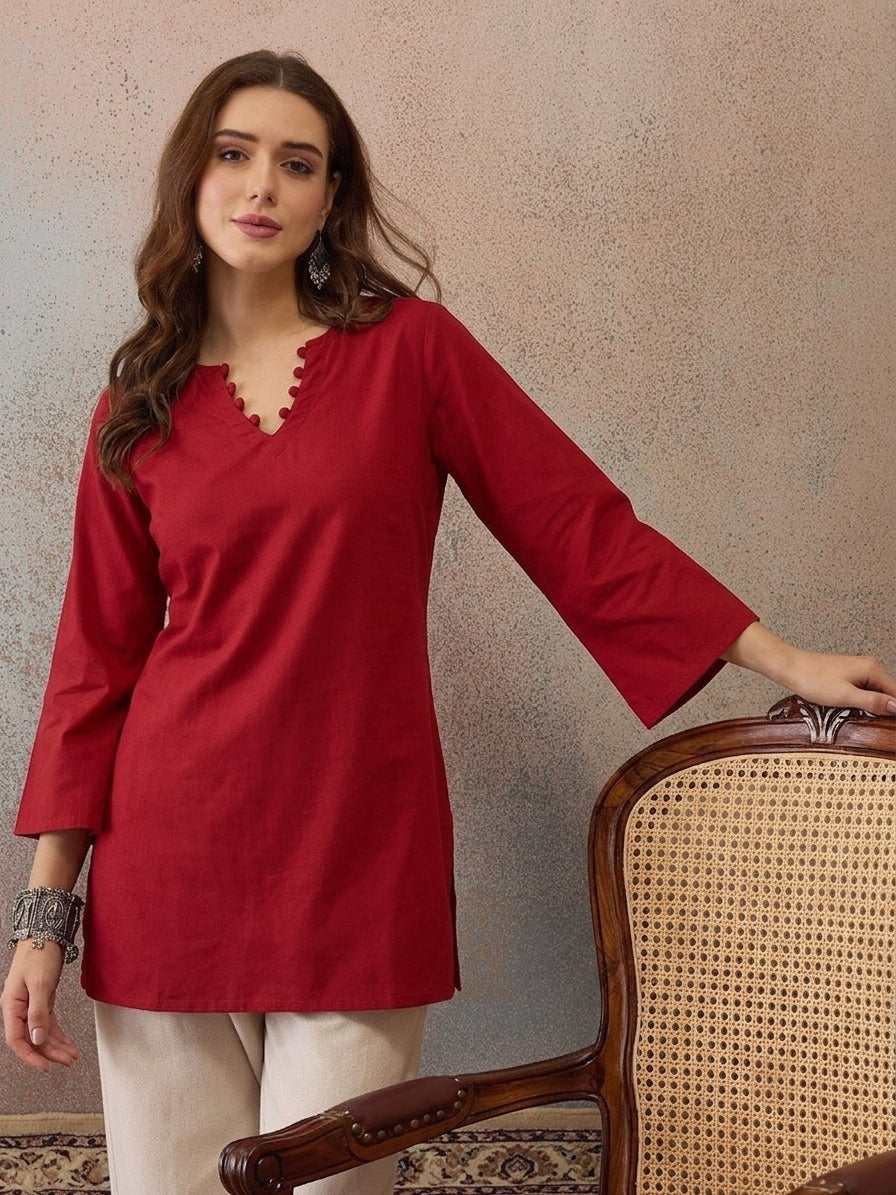 Solid Corset Back Cotton Kurti (Maroon)