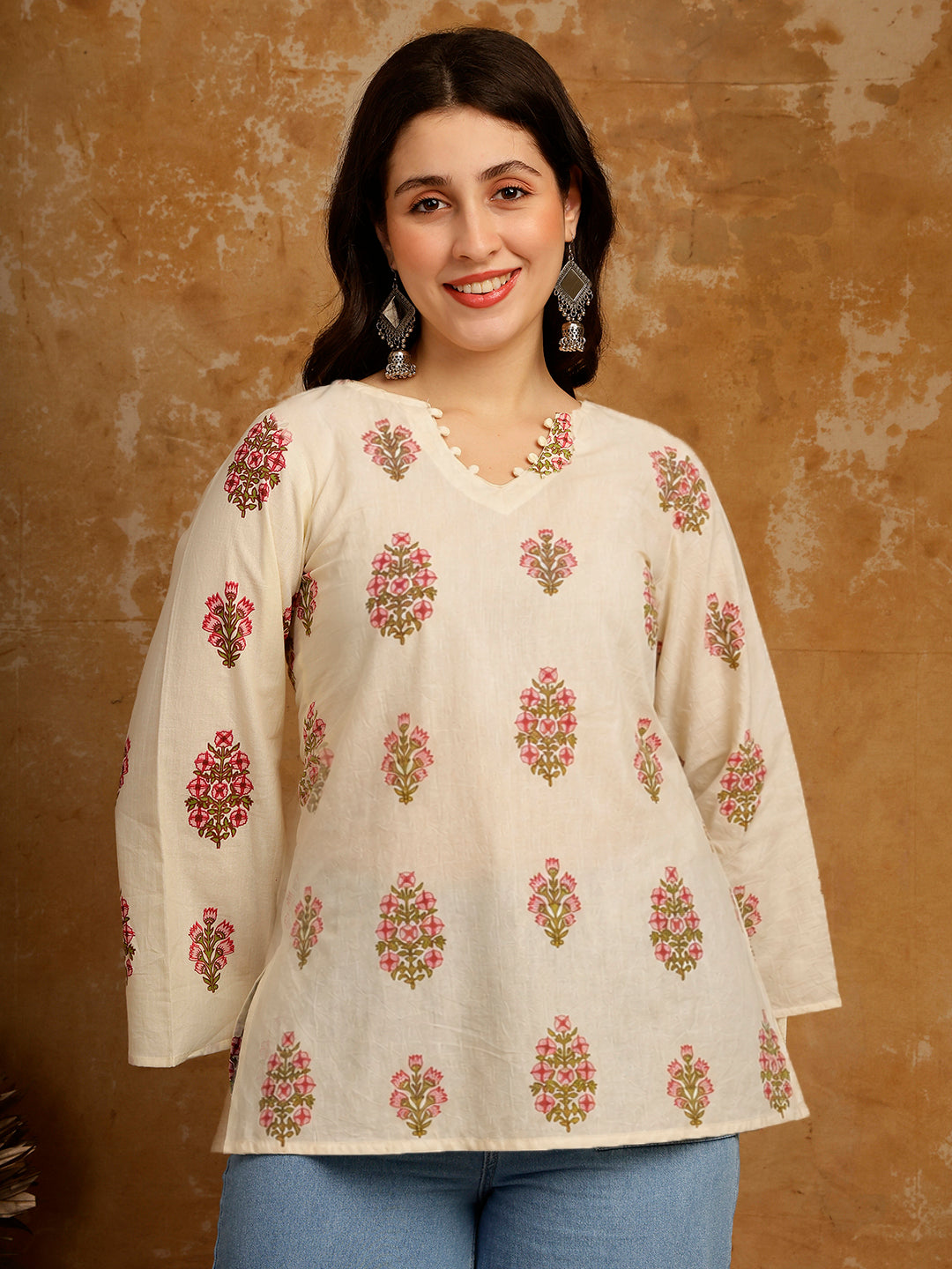 Floral Printed Corset Back Cotton Kurti (Beige)