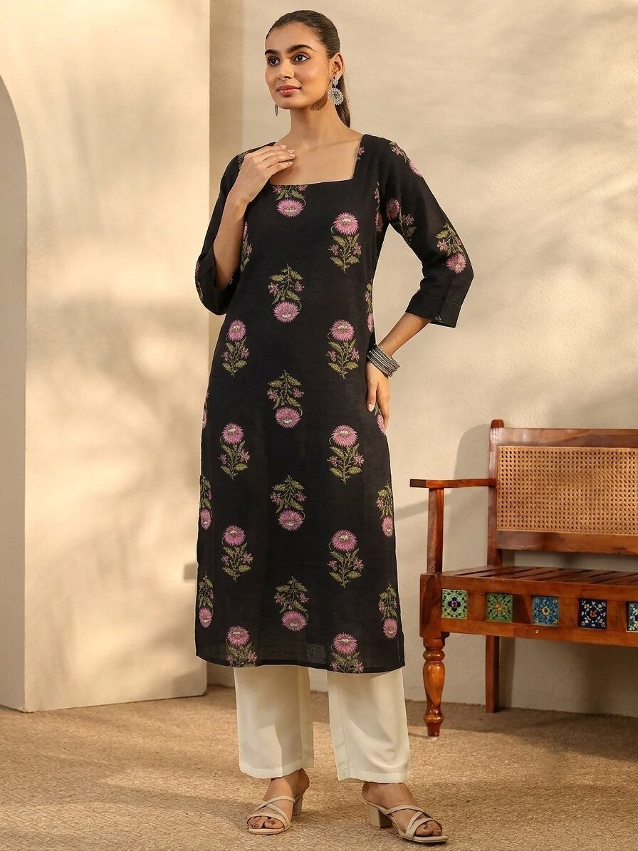 Floral Printed Straight Cotton Kurta (Black)