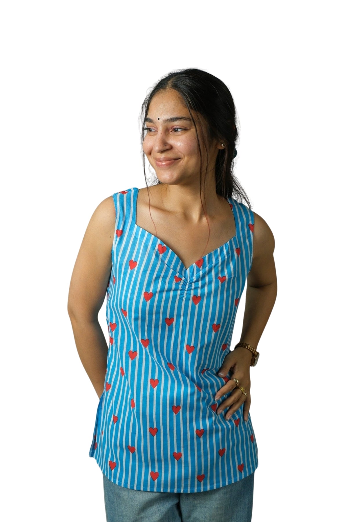 Tara – Heart Print Cotton Top (Blue)