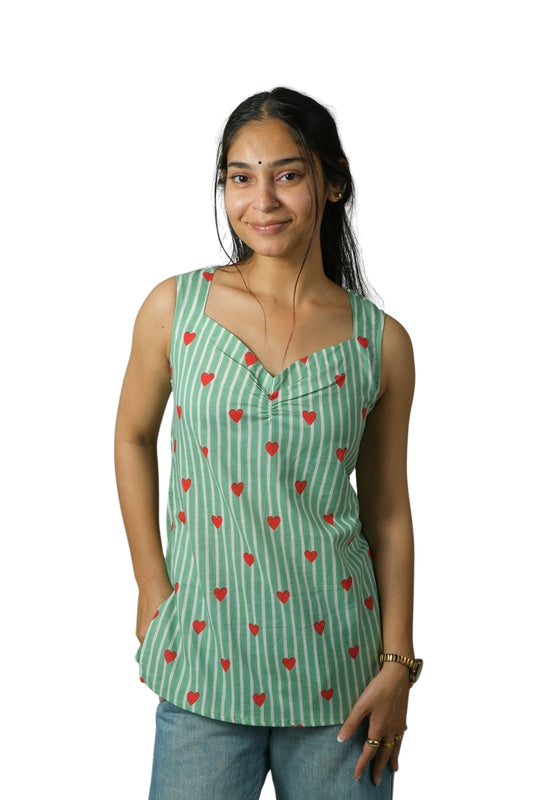 Mila – Heart Print Cotton Top (Green)