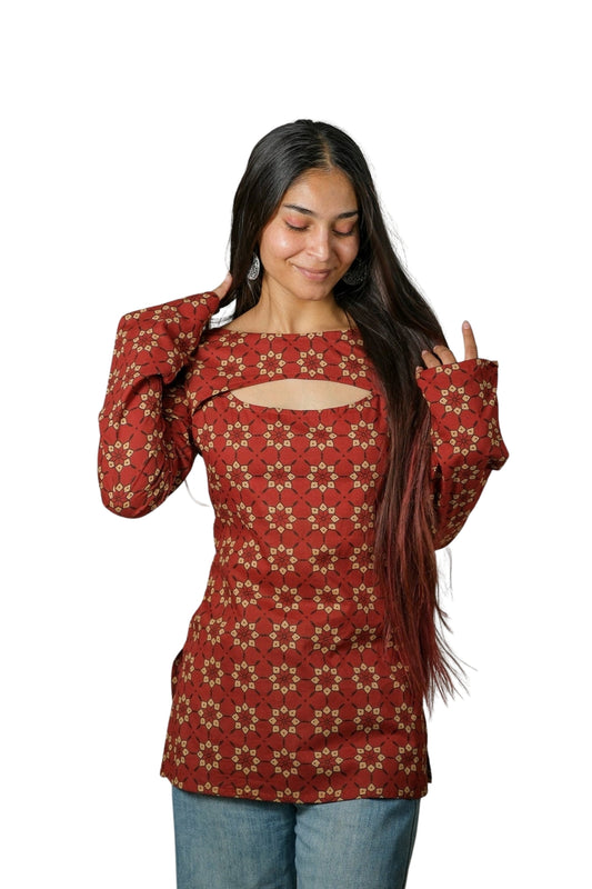 Rhea – Convertible Printed Cotton Kurti Set (Rust Buti)