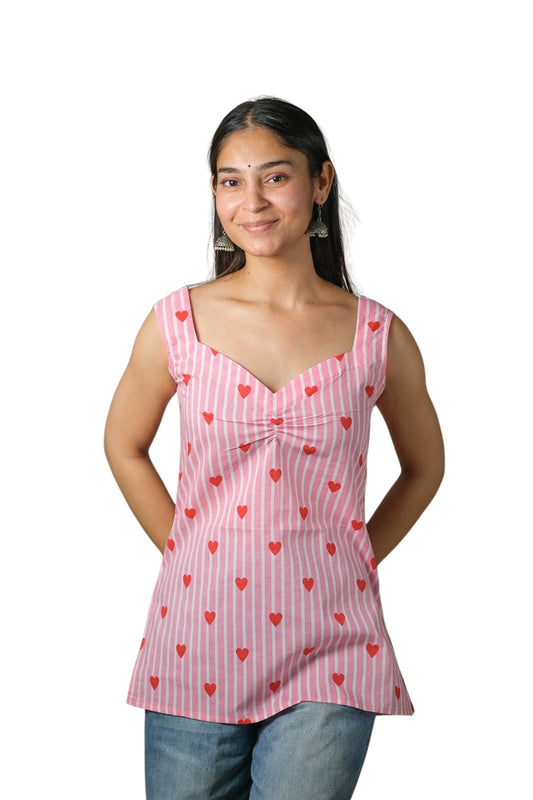 Skye – Heart Print Cotton Top (Pink)