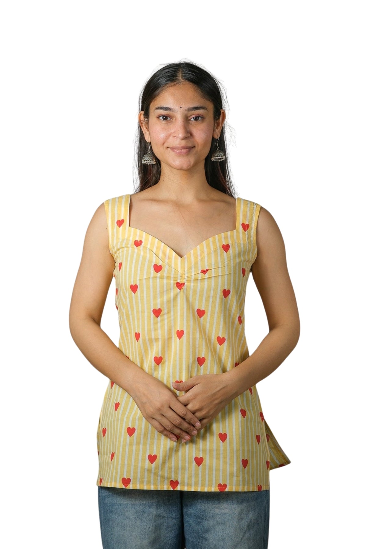 Hazel – Heart Print Cotton Top (Yellow)