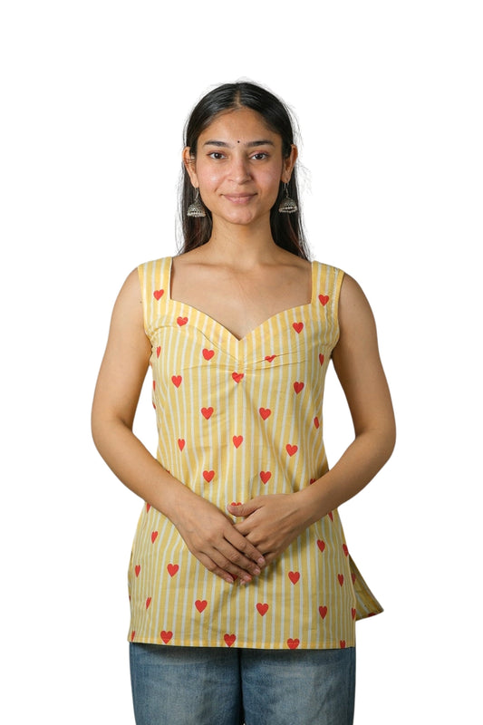 Hazel – Heart Print Cotton Top (Yellow)