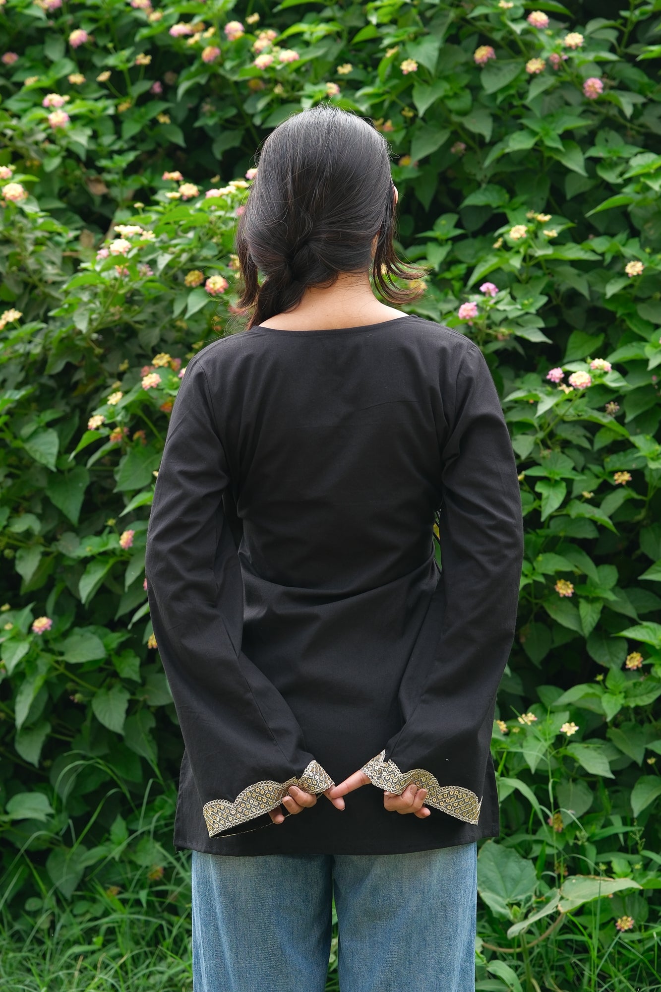 Solid Black Angrakha Cotton Kurti