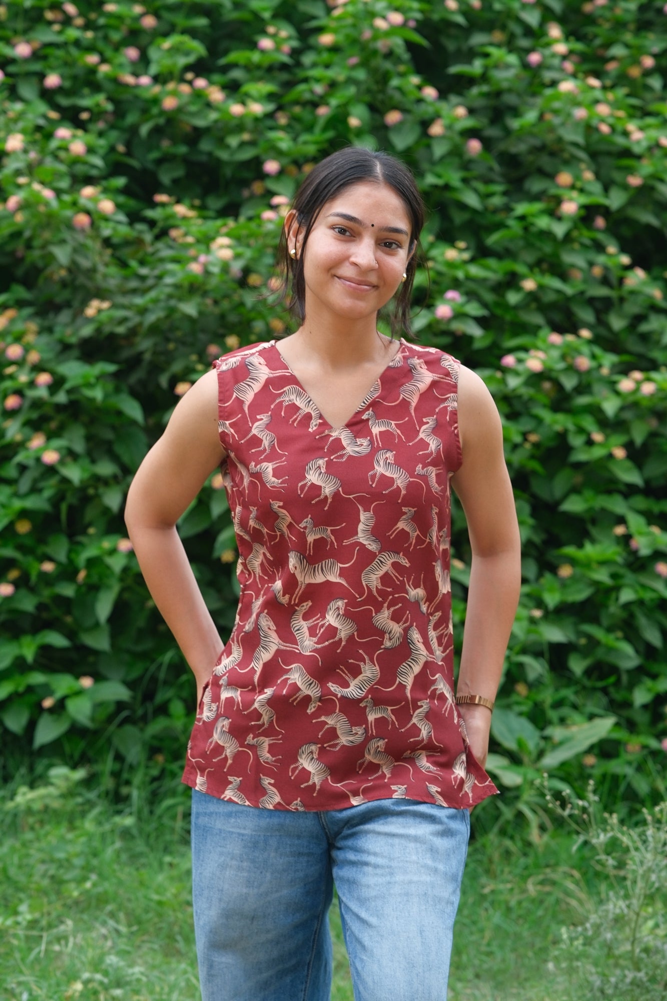 Digital Zebra Printed Cotton Sleeveless Top (Rust Brown)