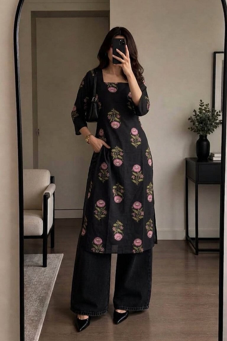 Floral Printed Straight Cotton Kurta (Black)