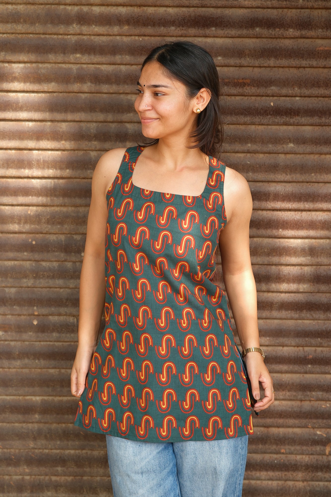 Abstract Printed Open Back Sleeveless Kurti (Bottle Green)