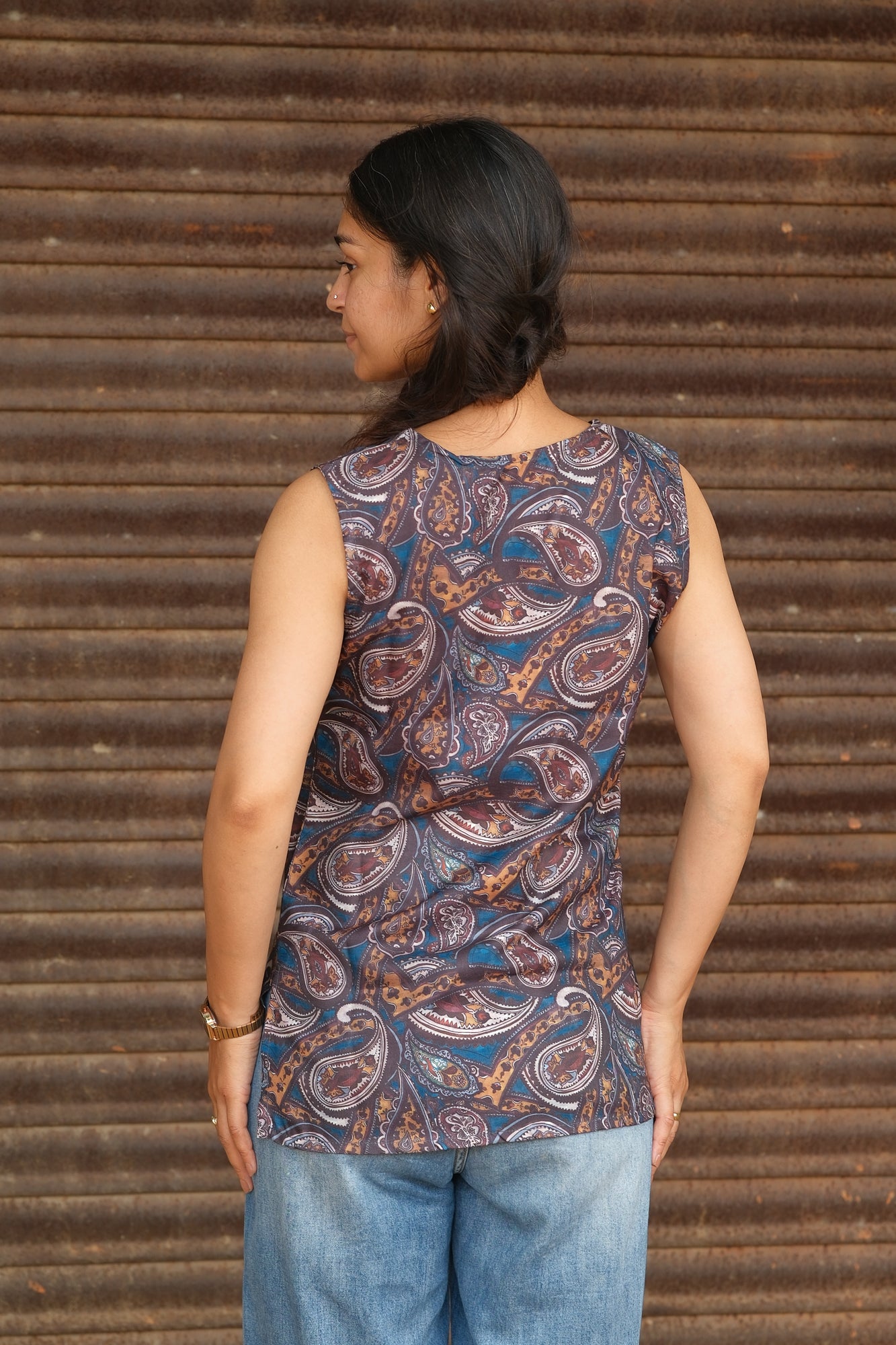 Digital Paisley Printed Cotton Sleeveless Top (Brown)