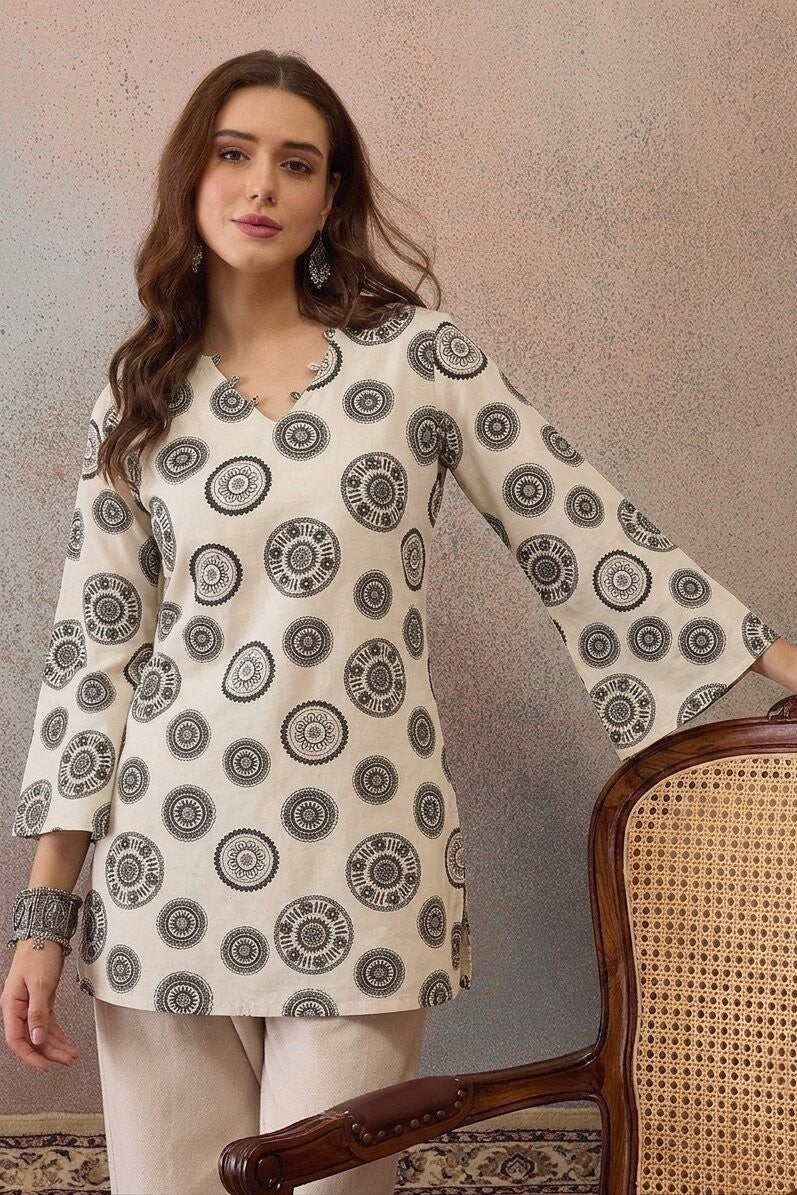 Motif Printed Corset Back Cotton Kurti (White)
