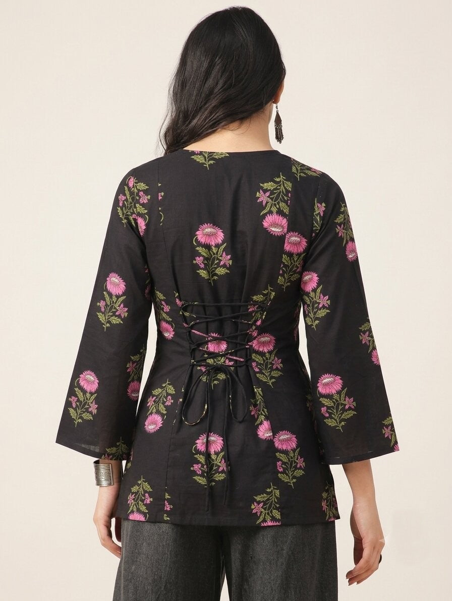 Floral Printed Corset Back Cotton Kurti (Black)