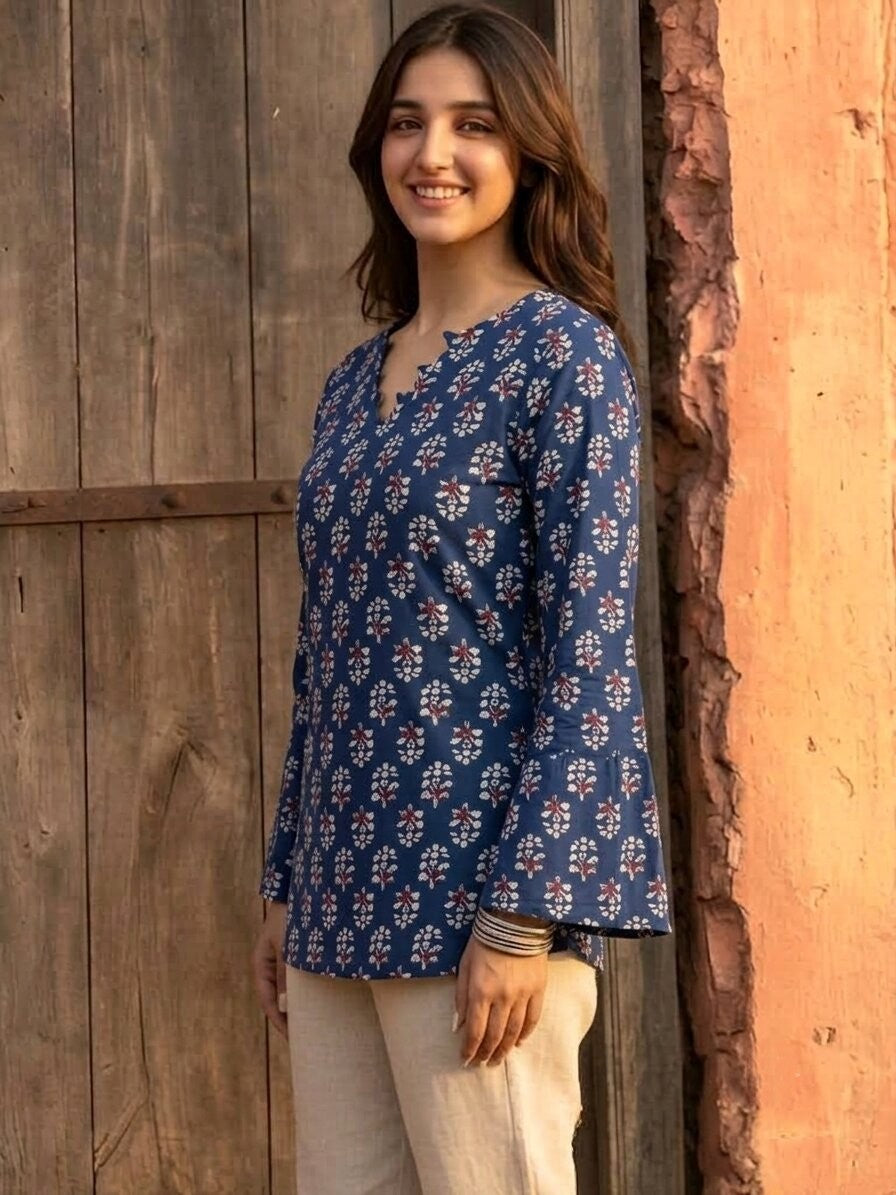 Floral Printed Corset Back Cotton Kurti (Blue)