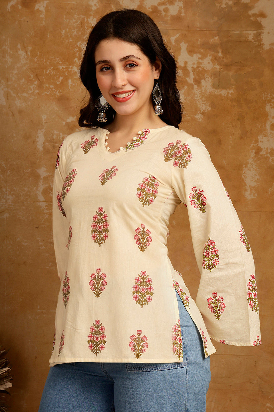 Floral Printed Corset Back Cotton Kurti (Beige)