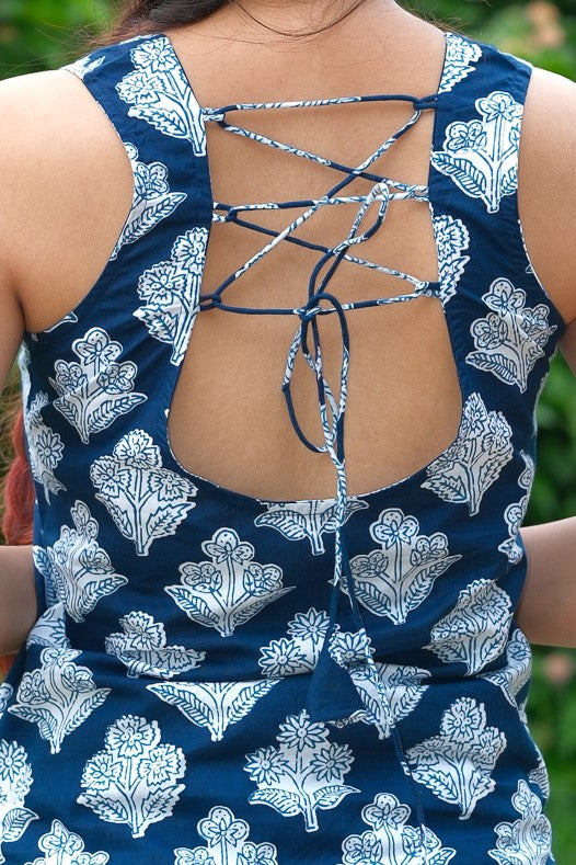 Floral Printed Open Back Sleeveless Kurti (Navy Blue)