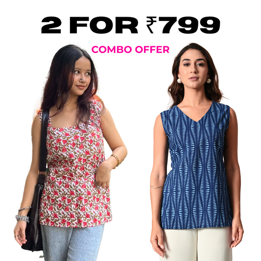 Pack of Two Sleeveless Tops for Women – Red and Navy Printed Combo