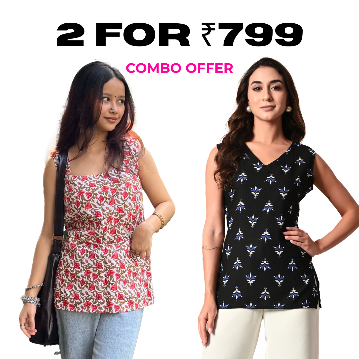 Pack of Two Sleeveless Tops for Women – Red and Black Printed Combo