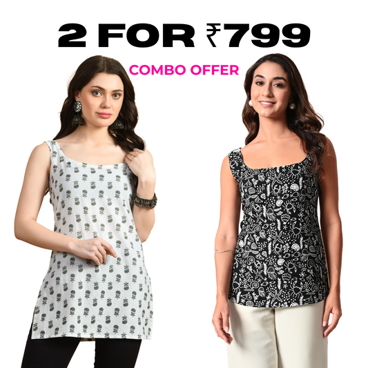 Pack of Two Sleeveless Tops for Women – Black and White Combo