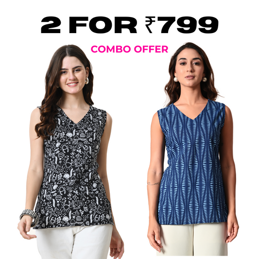 Pack of Two Sleeveless Tops for Women – Black and Navy Printed Combo