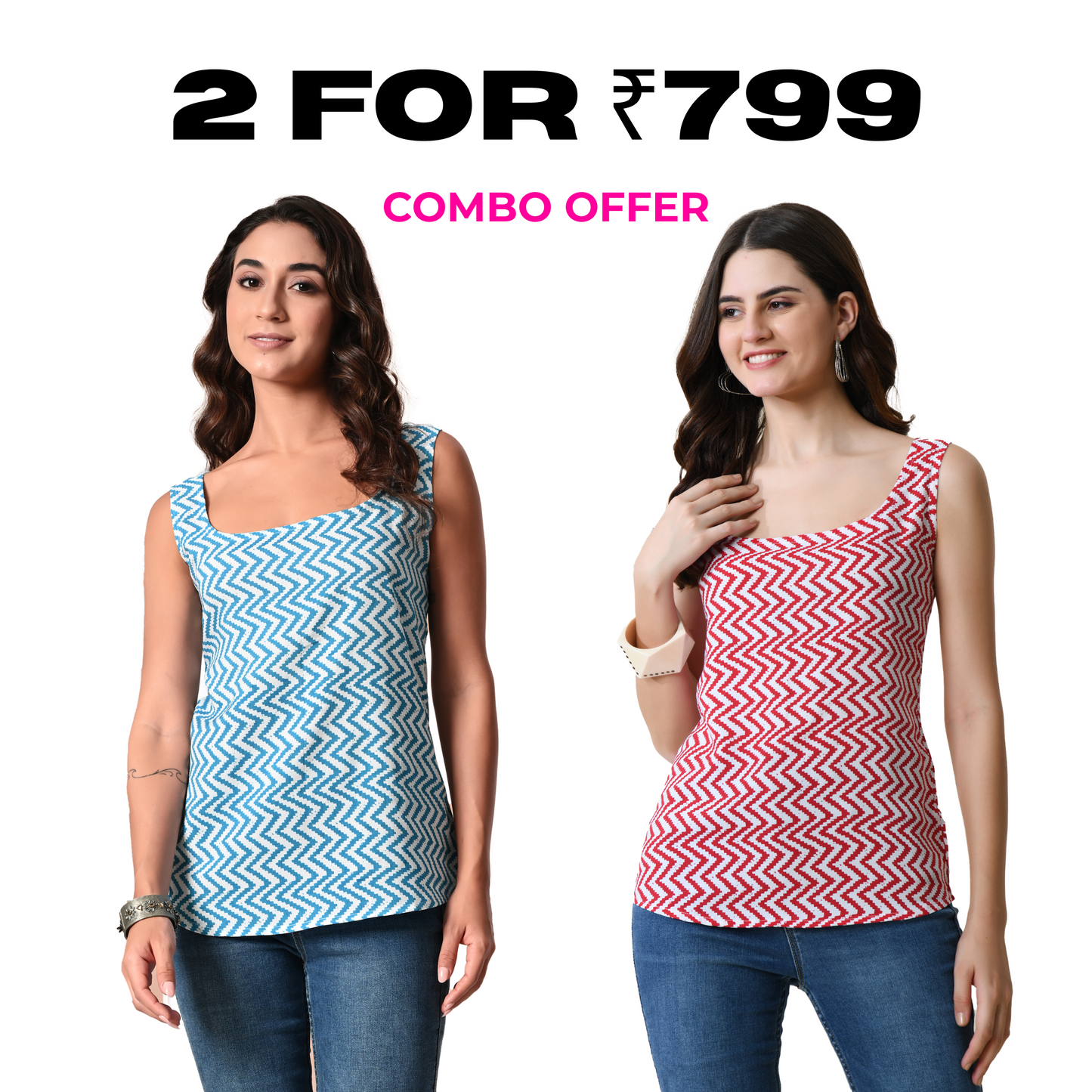 Pack of Two Sleeveless Tops for Women – Red and Blue Printed Combo