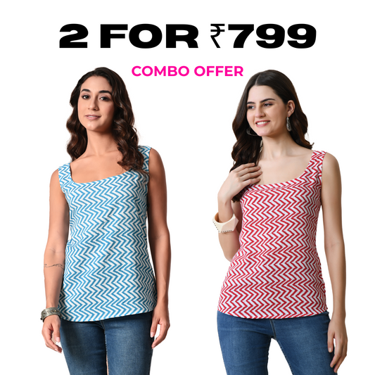 Pack of Two Sleeveless Tops for Women – Red and Blue Printed Combo