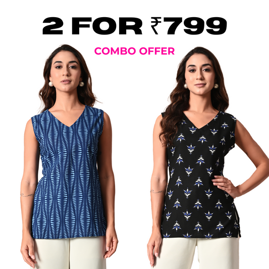 Pack of Two Sleeveless Tops for Women – Black and Navy Printed Combo