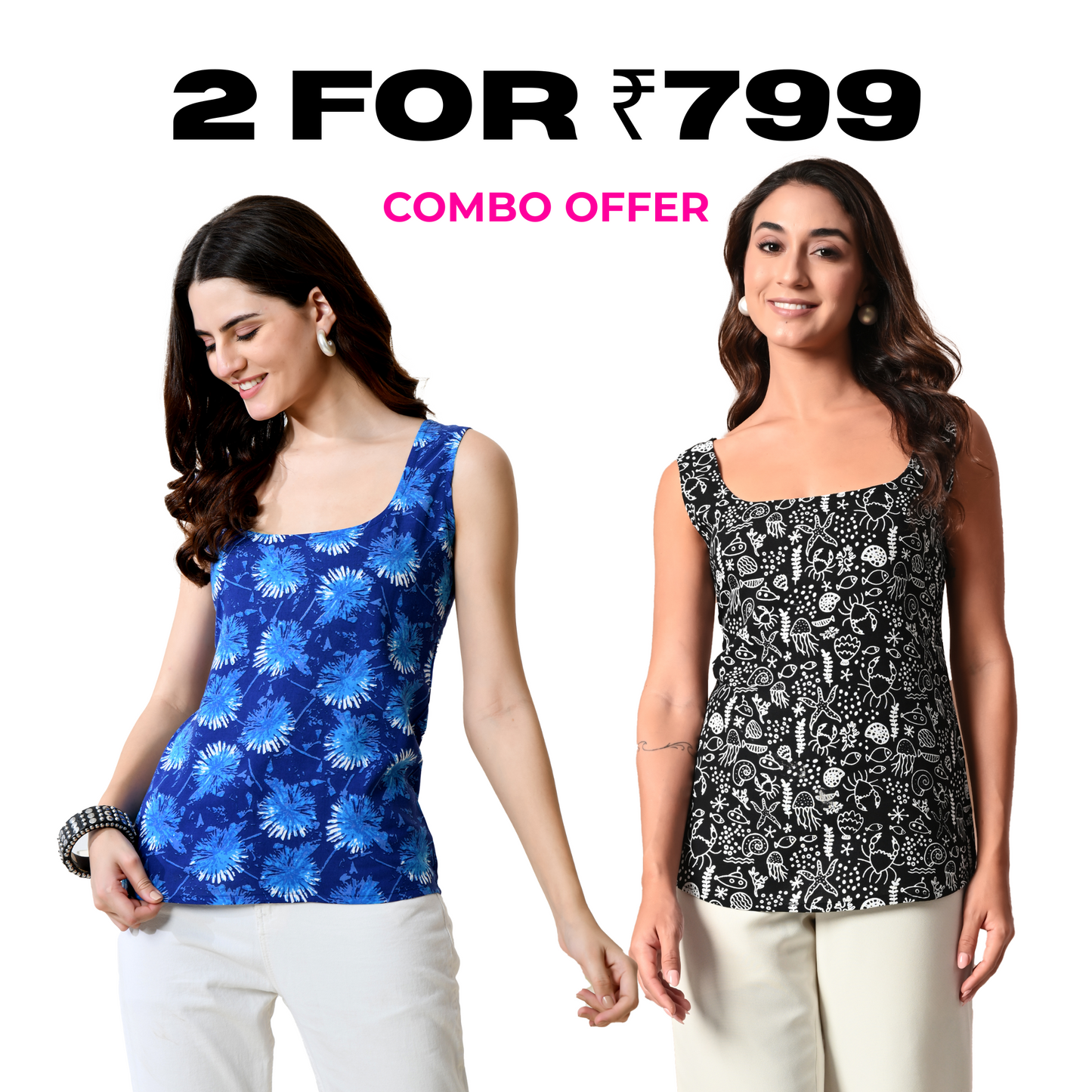 Pack of Two Sleeveless Tops for Women – Black and Blue Printed Combo
