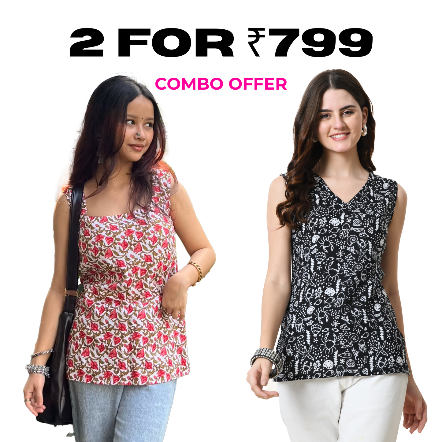 Pack of Two Sleeveless Tops for Women – Red and Black Printed Combo