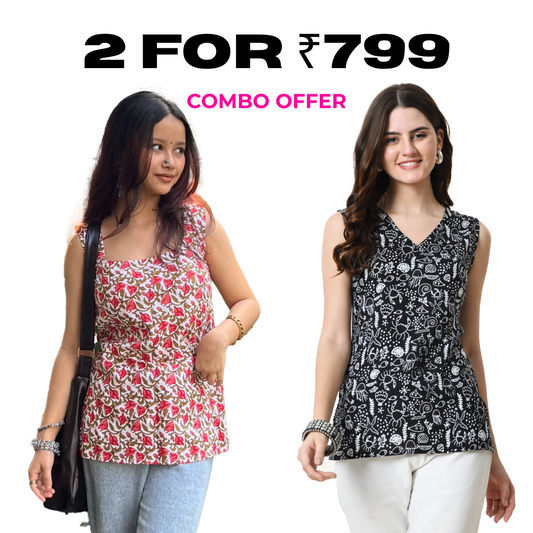 Pack of Two Sleeveless Tops for Women – Red and Black Printed Combo