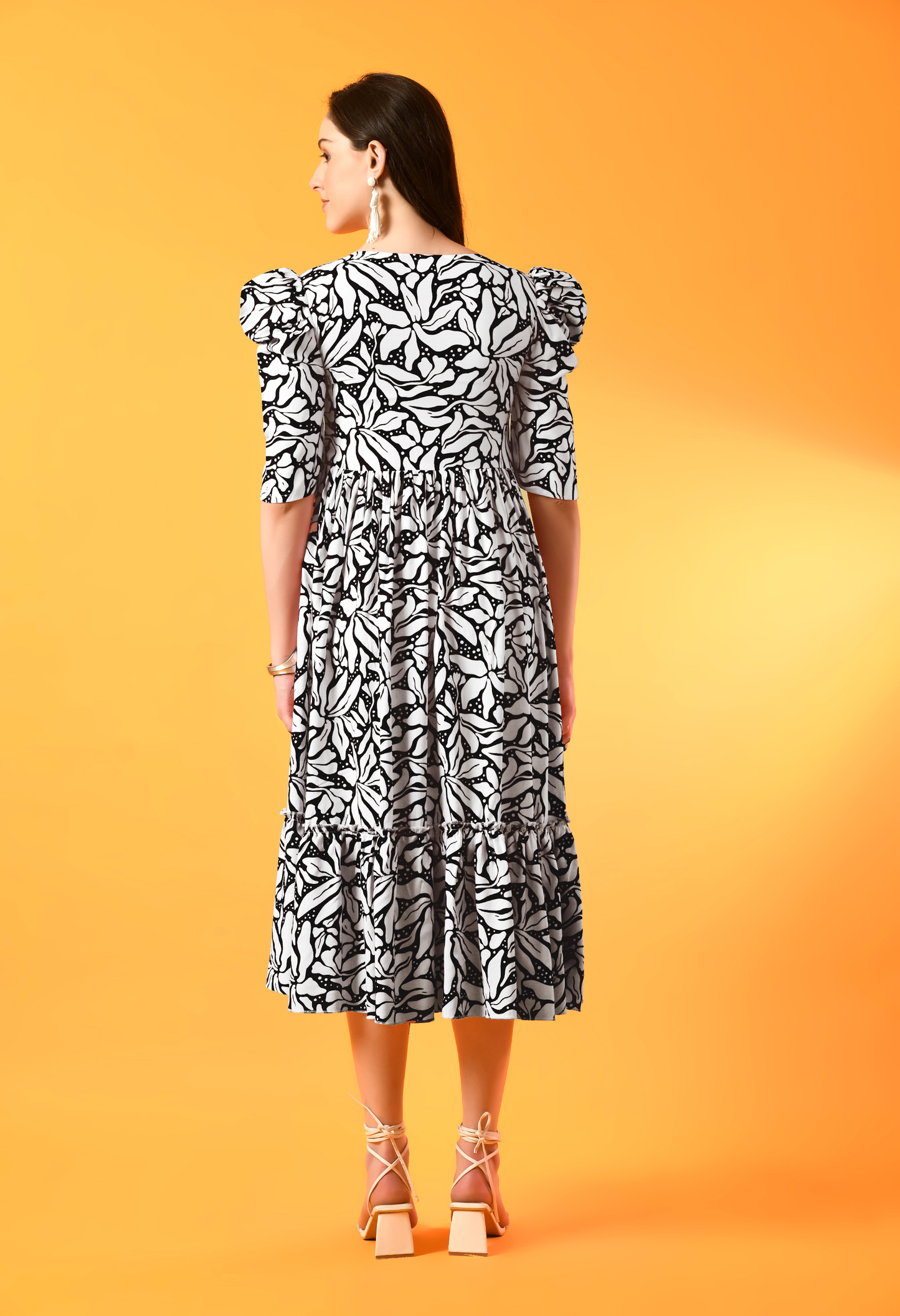 Midnight Bloom Tiered Puff-Sleeve Dress