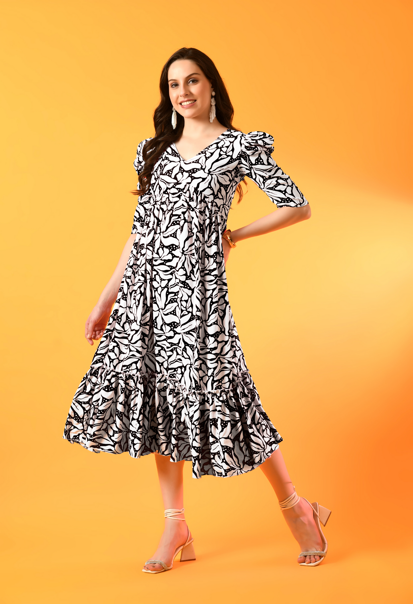 Midnight Bloom Tiered Puff-Sleeve Dress