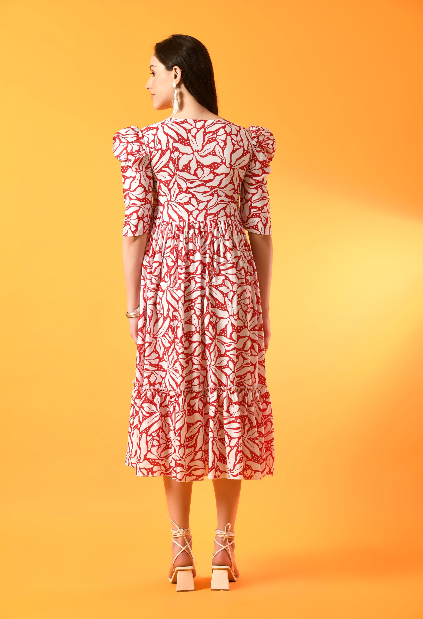 Crimson Blossom Tiered Puff-Sleeve Dress