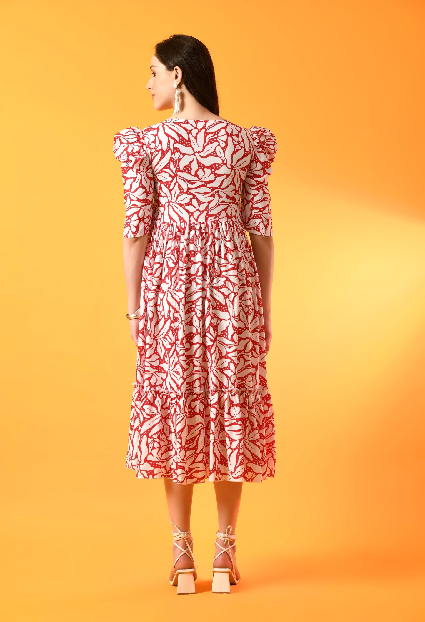 Crimson Blossom Tiered Puff-Sleeve Dress
