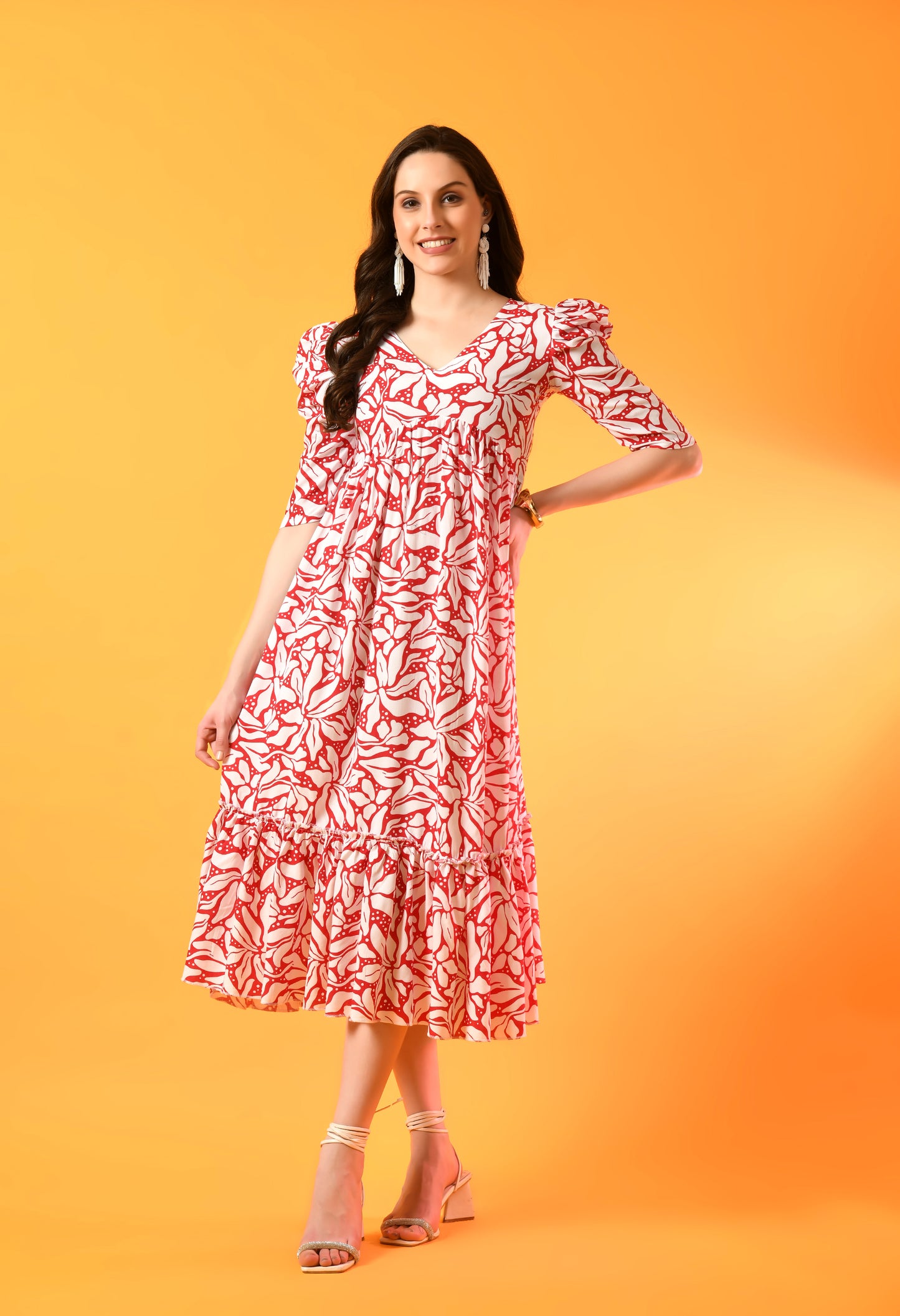 Crimson Blossom Tiered Puff-Sleeve Dress