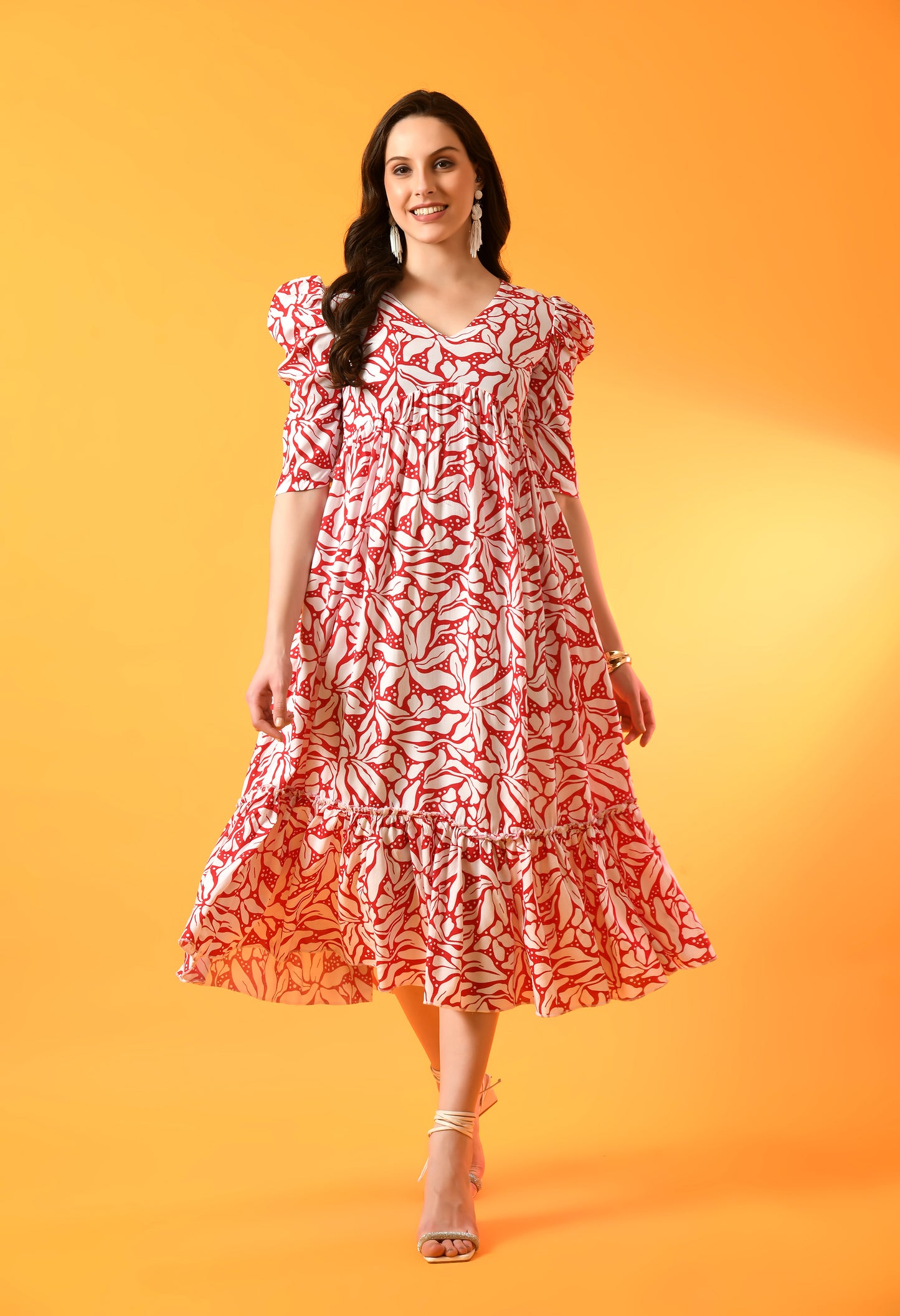 Crimson Blossom Tiered Puff-Sleeve Dress