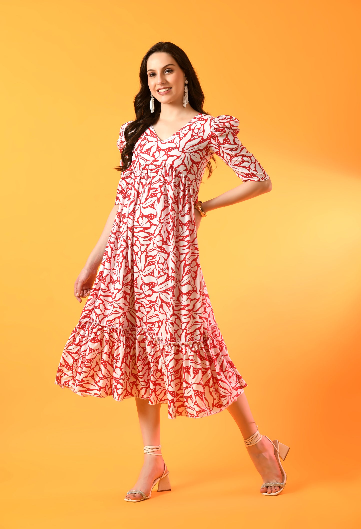 Crimson Blossom Tiered Puff-Sleeve Dress