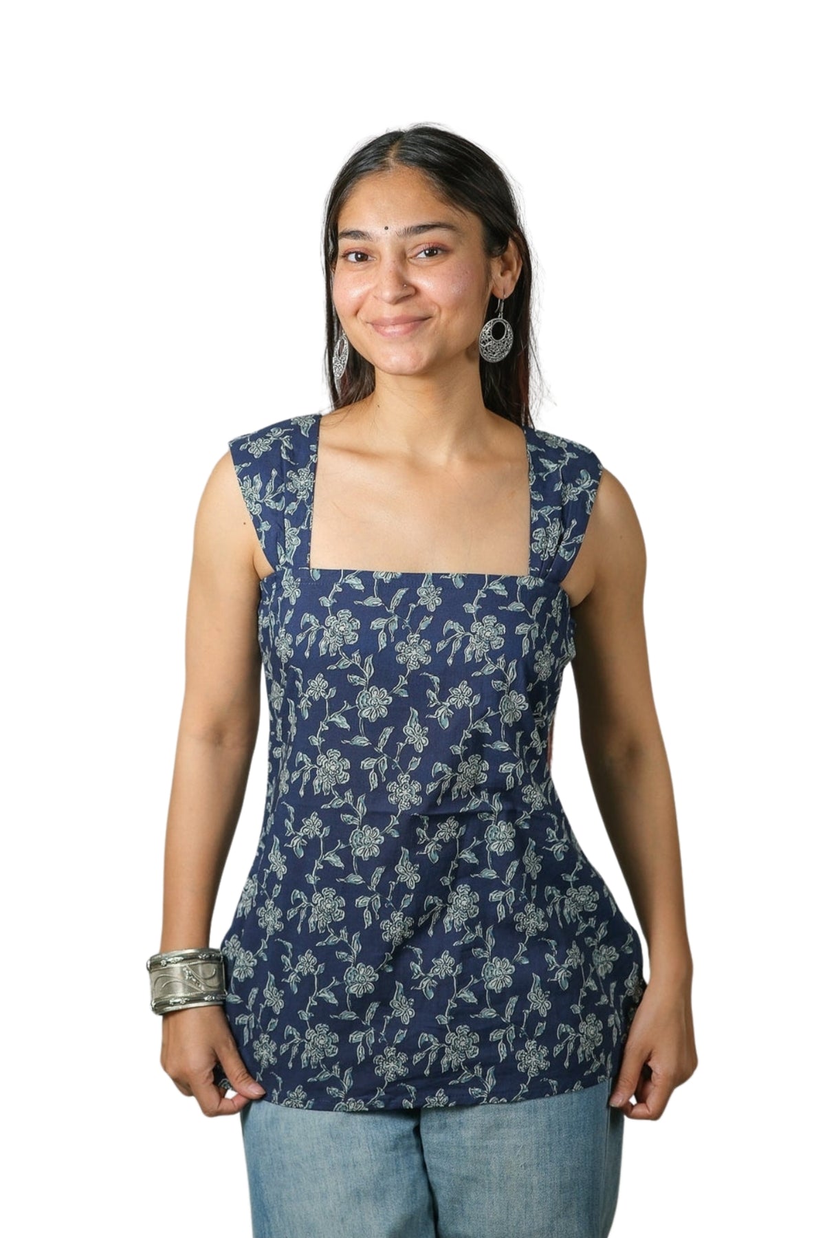 Noelle – Floral Printed Cotton Top (Navy)