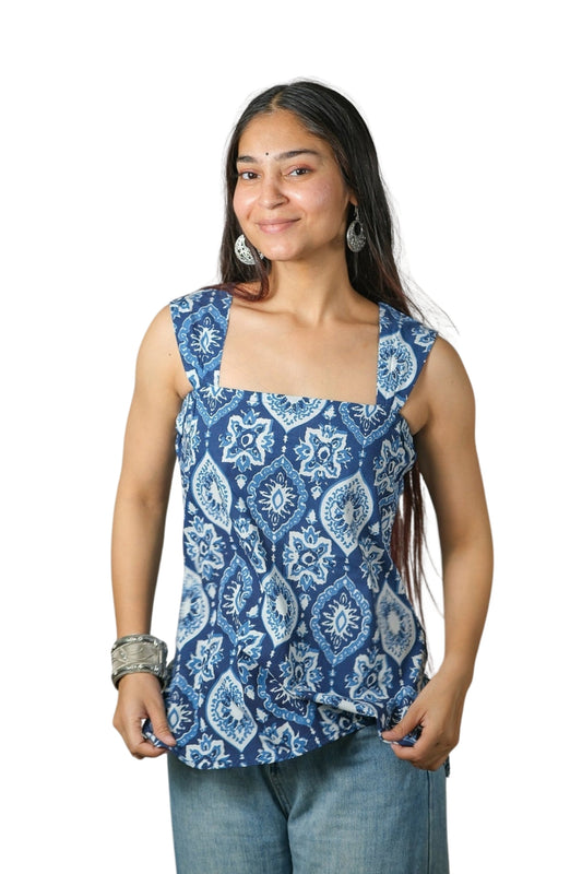 Elara – Motif Printed Cotton Top (Blue)