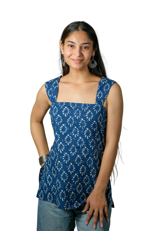Keira – Printed Cotton Top (Blue)